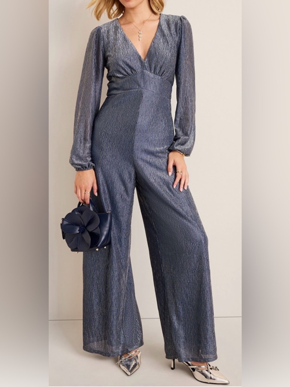 NWT Francesca’s Kelly Long Sleeve Shimmer Jumpsuit, Size XS